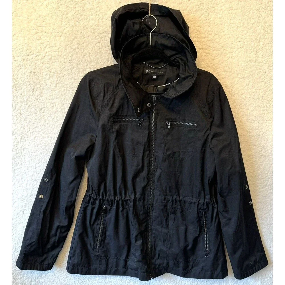 INC International Concepts Jacket Womens Large Black Windbreaker Raincoat Hooded